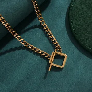 Premium punk style gold titanium steel cuban chain necklace with square OT toggle clasp