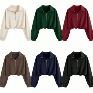 Multi-color collection of cropped half-zip sweatshirts with lapel collar and drawstring hem