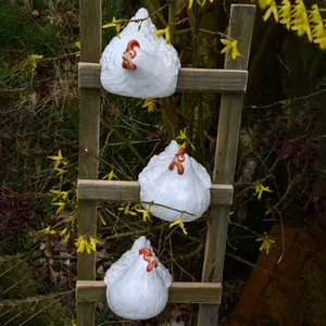 Set of three creative white ceramic hen figurines for outdoor garden fence decoration