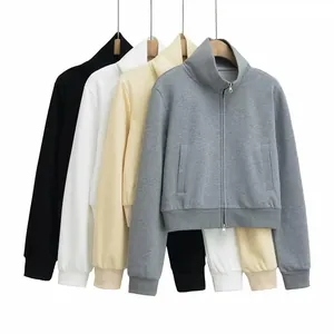 American vintage short stand collar zip-up sweatshirts in black white grey and beige