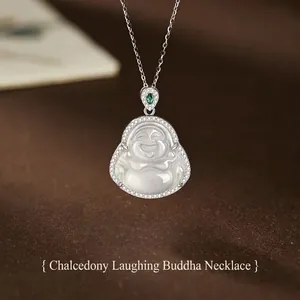 Detail view of S925 sterling silver necklace with white chalcedony Buddha pendant.