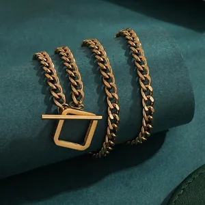 Gold titanium steel Cuban chain necklace with square OT buckle in hip-hop punk style