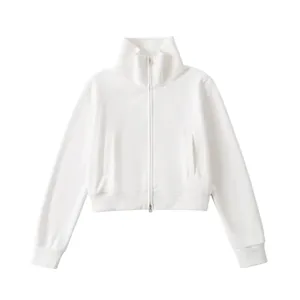 White stand-up collar zip-up cropped sweatshirt for women with minimalist retro style