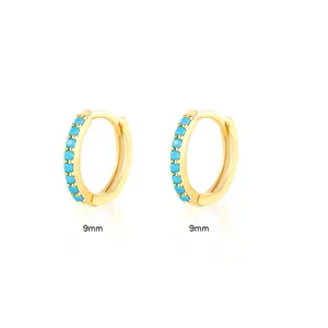 9mm gold hoop earrings with blue cubic zirconia stones for women