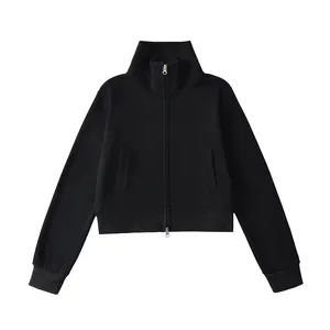 American vintage style black cropped sweatshirt jacket with stand collar and zipper
