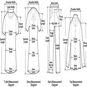 Clothing size measurement guide showing how to measure tops, dresses, and pants.