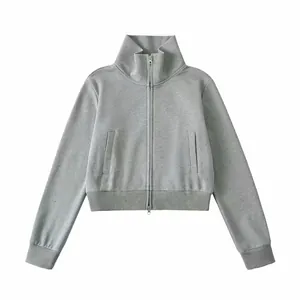 Premium gray cropped zip-up sweatshirt with a stand collar for a chic American retro look.