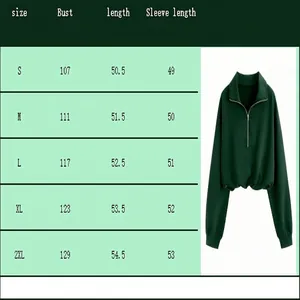 Size guide for women's dark green half-zip polo sweatshirt with sleeve measurements