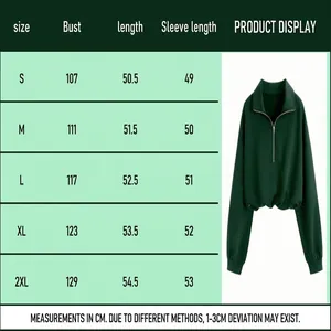 Size guide for women's dark green half-zip polo sweatshirt with sleeve measurements