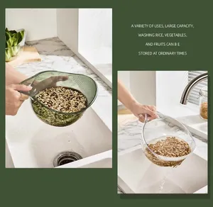 Macro view of multi-functional kitchen drain basket washing grains under running water