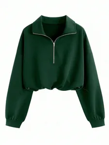 Women's Fashion Casual Half Zip Lapel Cropped Sweatshirt Long Sleeve Drawstring Hem Solid Color Winter Sporty Pullover Top