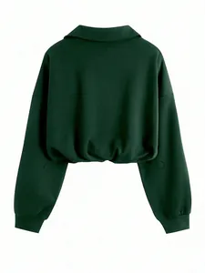 Back view of dark green half-zip sweatshirt with lapel and adjustable drawstring waist