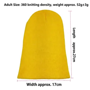 Detailed view of yellow knit beanie showing dimensions 27x17cm and 52g weight specification