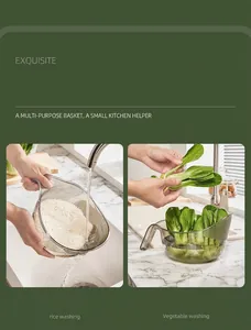 Macro view of multi-functional kitchen basket washing rice and vegetables under tap