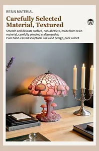 Detailed view of a magical resin mushroom lamp lit up with glowing pink patterns