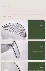Close-up view of fine drainage holes and ergonomic handle of a clear kitchen colander