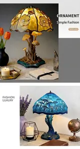 Detailed view of Tiffany-style colorful mushroom resin lamp for home decor
