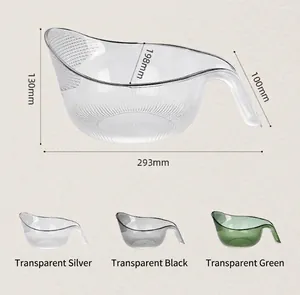Multifunctional kitchen rice washing bowl with dimensions and transparent color variants