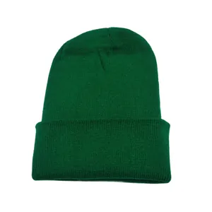 Detail of a classic dark green knitted beanie hat with soft ribbed texture for winter warmth.