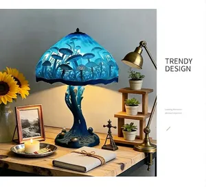 Blue LED mushroom lamp on wooden desk with warm lifestyle props decoration.