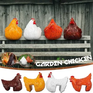 Detailed view of creative chicken garden ornaments in various colors and poses.