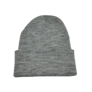 Close-up of a grey knitted beanie showing the soft texture and fine stitching