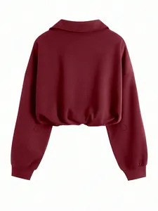 Detailed back view of wine red half-zip collared sweatshirt featuring cinched waist
