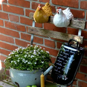 Close-up detail of two creative ceramic hen figurines for outdoor garden fence decoration