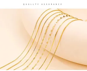 Macro view of various gold-plated S925 silver chain styles including snake and box chains.