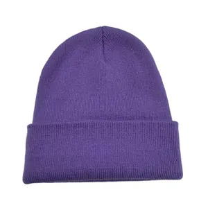 Classic purple knit beanie hat for winter warmth with a solid color ribbed texture.
