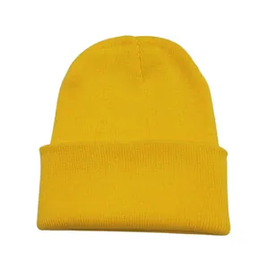 Detailed view of a bright yellow knitted beanie hat featuring a soft warm wool texture.
