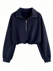 Women's navy blue half-zip cropped sweatshirt with lapel collar and drawstring waist