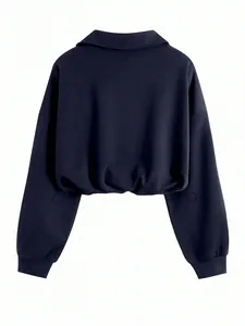 Back view of a dark blue cropped sweatshirt with a lapel collar and adjustable drawstring waist