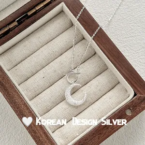 S925 sterling silver frosted crescent moon necklace with elegant OT buckle closure