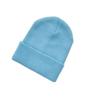 Close-up of a soft light blue knitted beanie with ribbed texture for cozy winter warmth