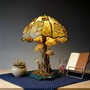 Vintage style LED mushroom lamp with stained glass shade and decorative resin tree base
