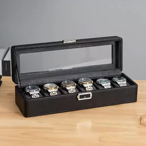 Hochwertige schwarze Uhrenbox aus Leder mit 6 Fächern und Sichtfenster Display Gehäuse