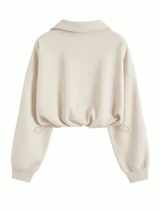 Detailed back view of a beige cropped sweatshirt featuring a drawstring waist and lapel collar