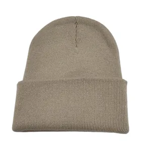 Close-up detail of the ribbed texture on a plain taupe knitted beanie for winter