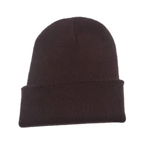 Dark brown solid color knitted beanie hat with classic folded cuff detail