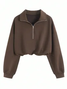 Brown half-zip cropped sweatshirt for women with adjustable drawstring waist and lapel