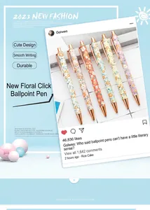 Close-up detail of stylish floral pattern retractable ballpoint pens with rose gold clip.