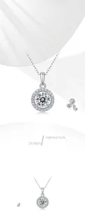 Close-up of a brilliant 1-carat round halo Moissanite pendant on a silver chain.