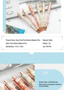 Close-up detail of floral pattern retractable ballpoint pens with rose gold metal accents