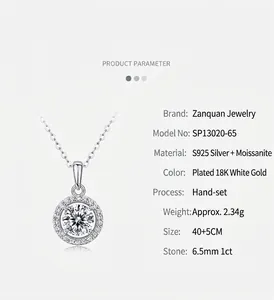 Detailed specifications for a S925 silver 1-carat moissanite halo pendant necklace.