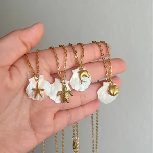 18K gold plated stainless steel beach necklaces with starfish and turtle shell pendants