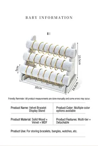 Detailed specifications of the gray velvet 3-tier bracelet and watch display rack.