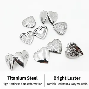 Detailed view of heart-shaped stainless steel photo lockets with various engravings
