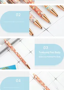 Detail view of floral print ballpoint pen with rose gold accents and refillable design.
