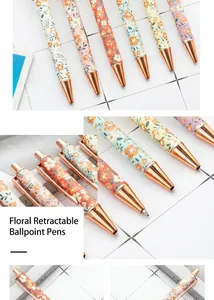 Close-up of floral pattern retractable ballpoint pens with rose gold metal accents